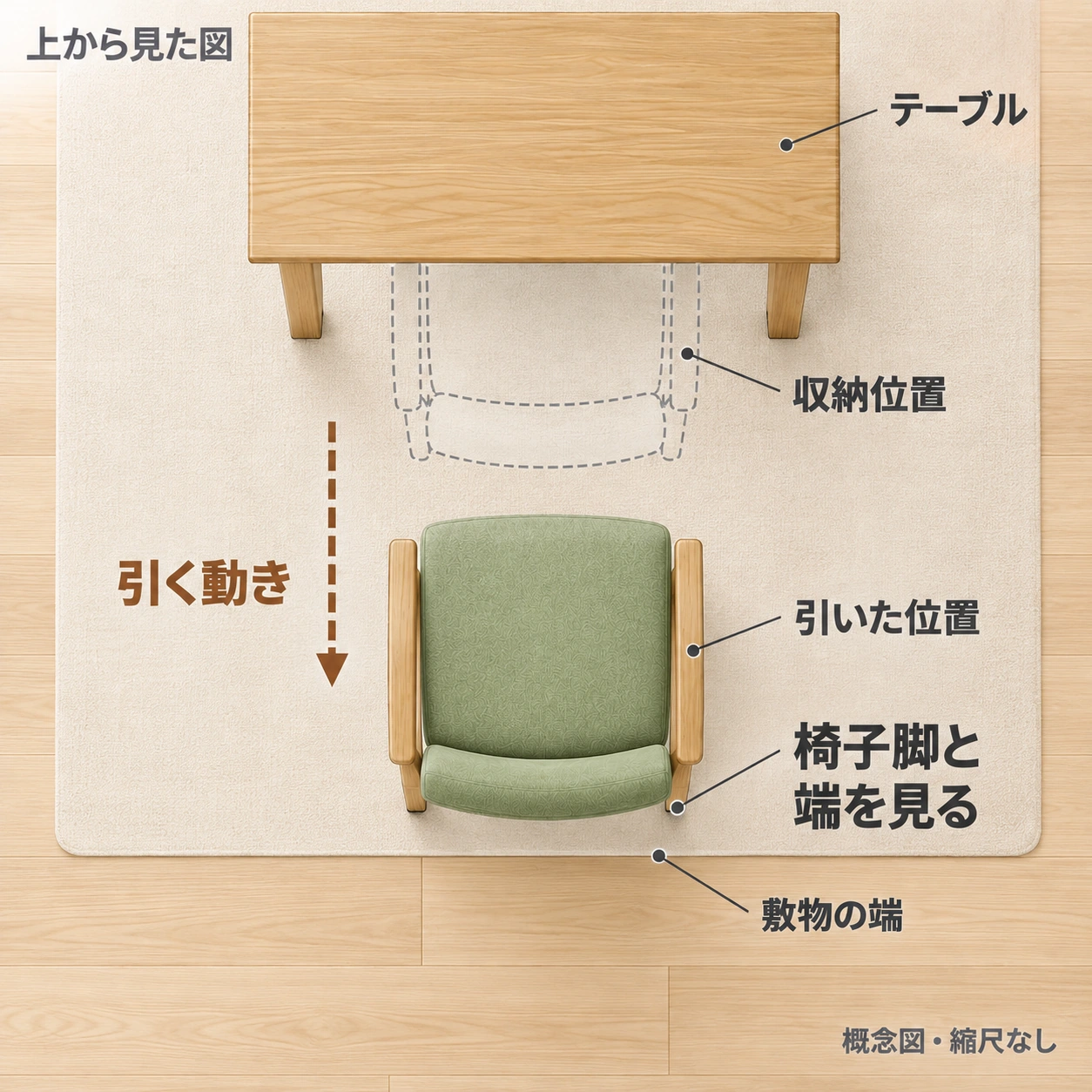 同じ椅子の収納位置と引いた位置を重ね、脚と敷物の端の関係を示す概念図