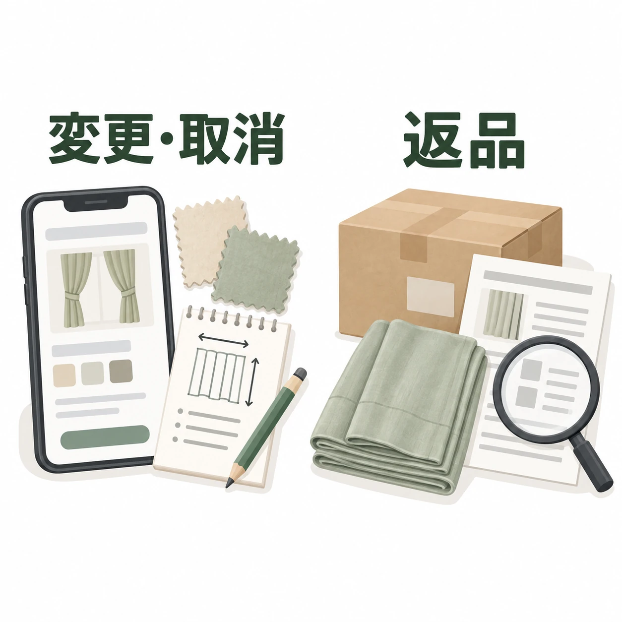 注文の変更・取消と、受け取った商品の返品条件を別々に確認する場面を分けた概念図。