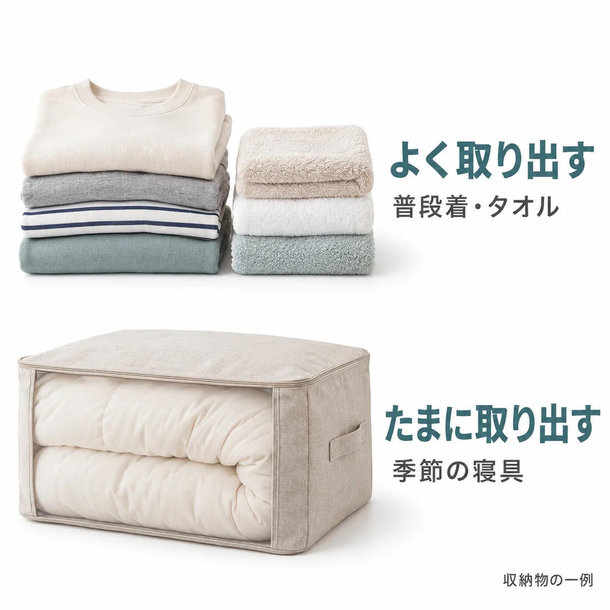 よく取り出す普段着・タオルと、たまに取り出す季節の寝具を分けた例
