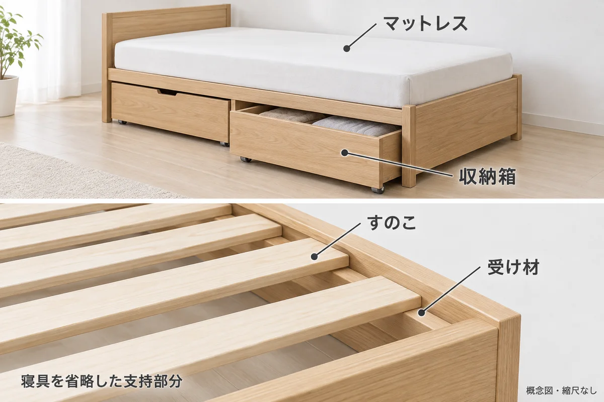 マットレスを支えるすのこ板と側枠内側の受け材、長辺側から出す独立収納箱を示す図