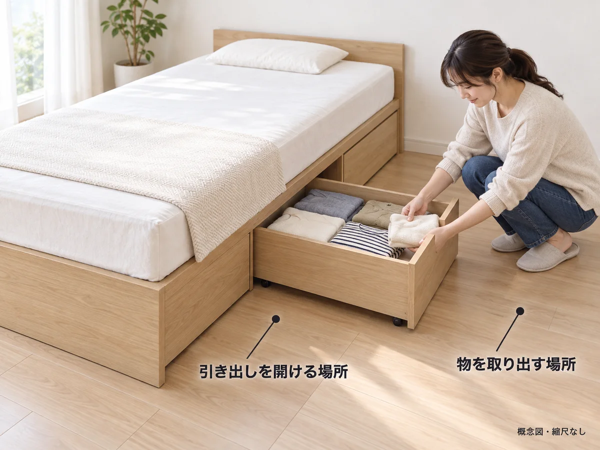 同形の収納箱を長辺側へ開き、その前板の先で人が衣類を取り出す配置例