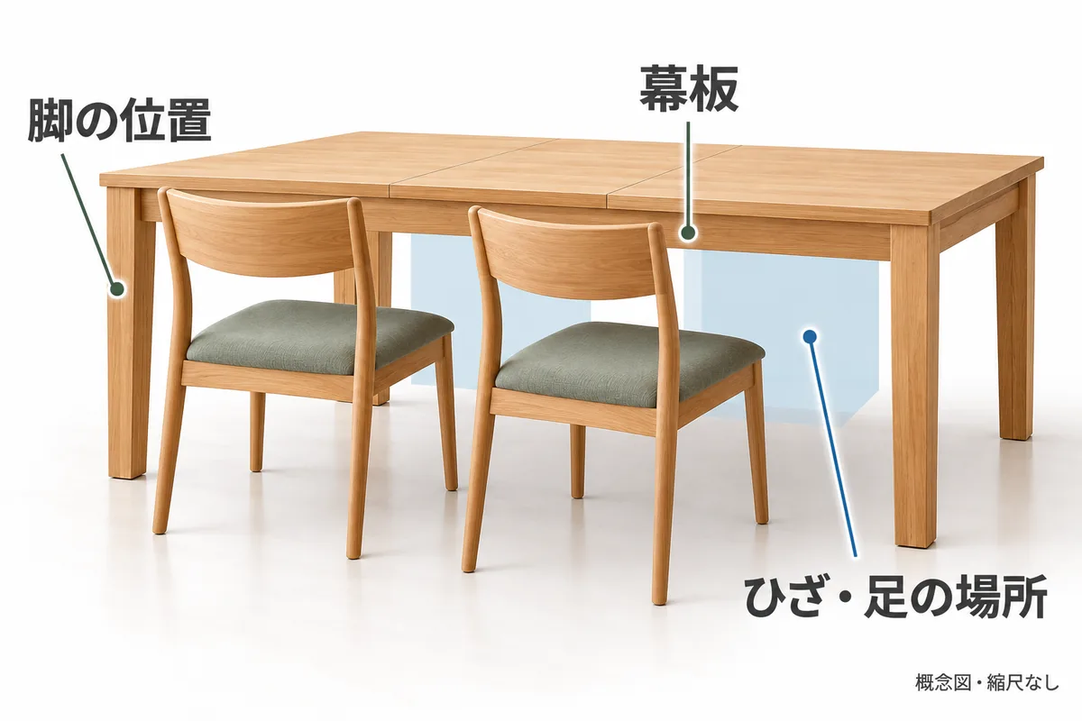 天板下面の脚・幕板と、椅子を置いてひざや足を入れる場所を示す概念図