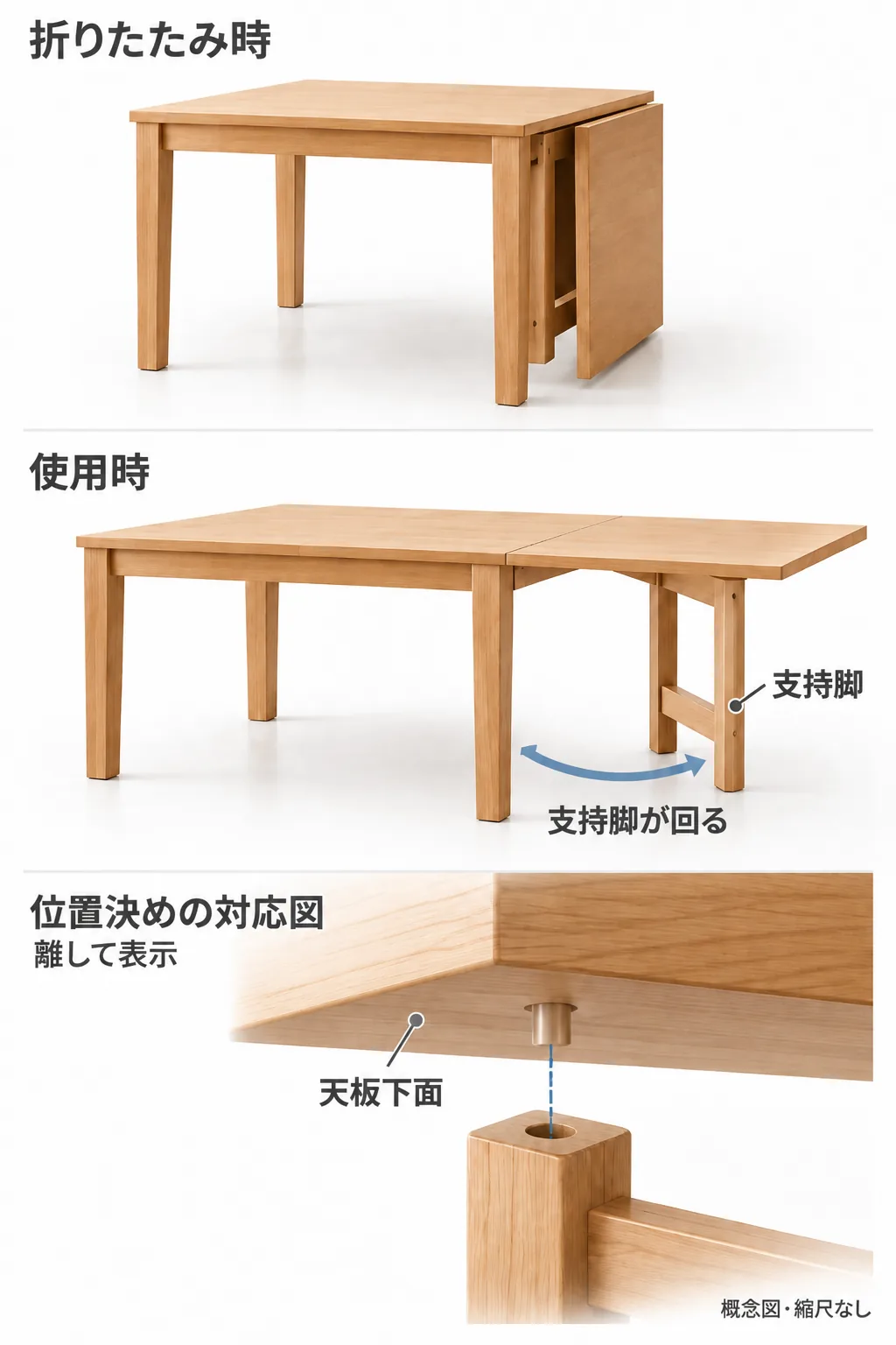 折りたたんだ側面板と、支持脚を開いて板を支えた状態、下面の位置決めを示した一方式の概念図