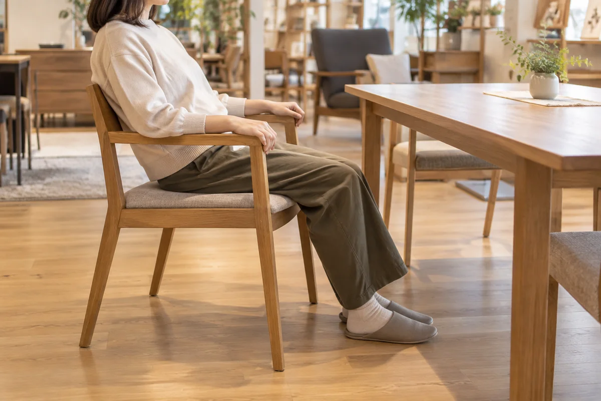 肘付き椅子に座り、肘の位置や足元を確かめる場面のイメージ